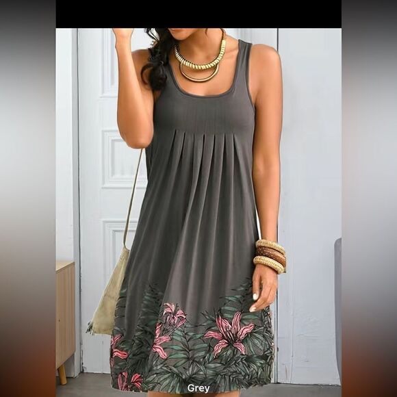 Gray floral sleeve less dress lightweight, built in lining - Picture 1 of 5
